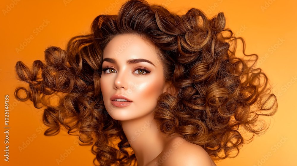 Portrait of beautiful model with gorgeous curly hair on yellow background Portrait of beautiful model with gorgeous curly hair on yellow background