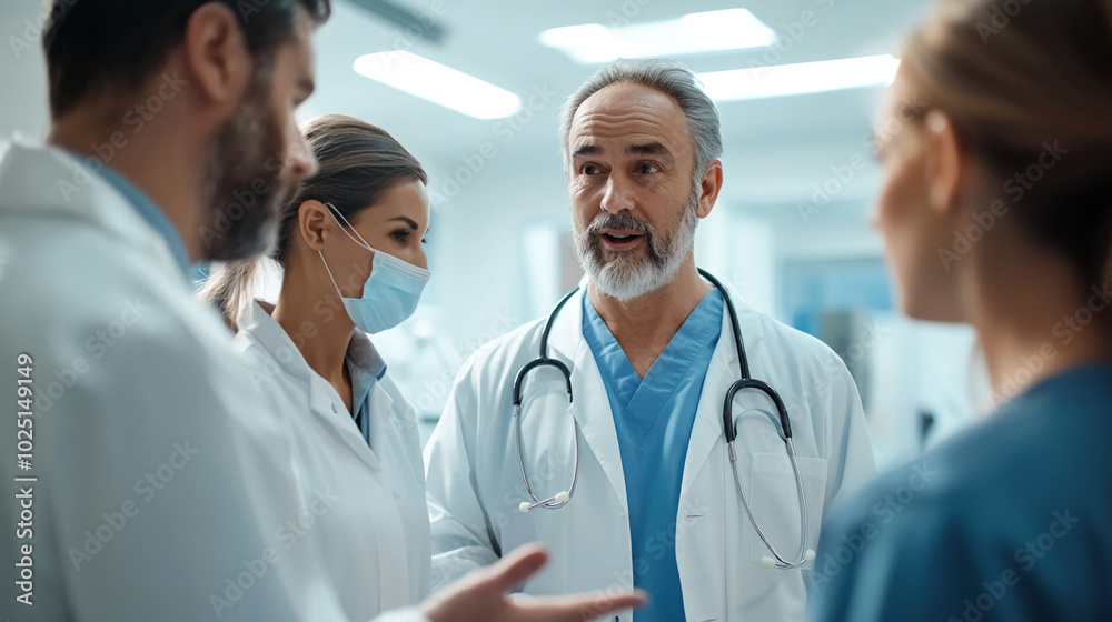 A group of doctors in a hospital setting have a discussion
A group of doctors in a hospital setting have a discussion