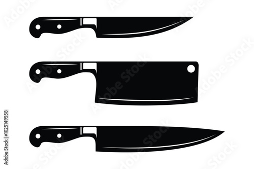 Several type of knives for Chef or Butcher. Kitchen Knife and Cleaver silhouettes for Restaurant or Butchery symbol sign logo design.