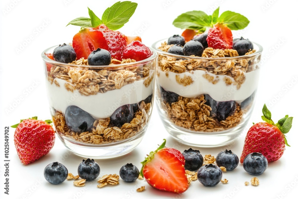 Fresh strawberries and blueberries on top of creamy yogurt, perfect for a healthy snack or breakfast