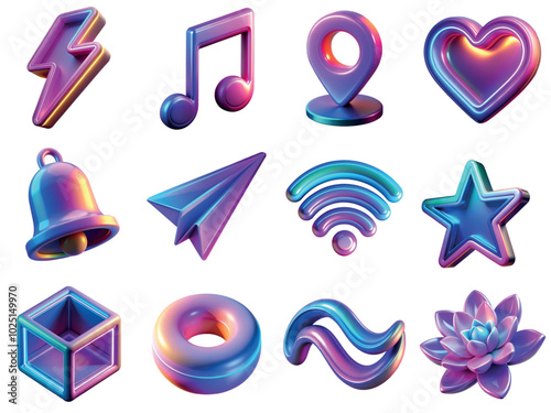 Collection of neon glowing 3d icons isolated on the transparent background