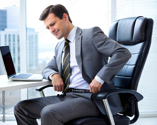 A businessman in a suit sits in his office chair, experiencing discomfort and back pain, suggesting a need for ergonomic solutions in the workplace. photo