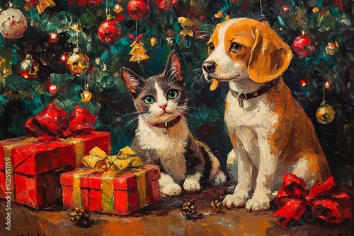 Festive Christmas scene featuring a cat and dog in oil painting style with holiday decorations, cozy atmosphere, and festive tree new beautiful stock image illustration AI