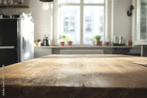 A wooden table in a kitchen with a window, suitable for morning coffee or family meals