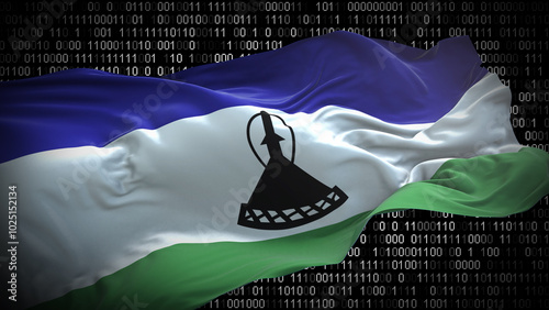 Binary code on flag of Lesotho. Program source code or Hacker concept on Lesothan flag. Lesotho digital technology security, hacking or programming photo