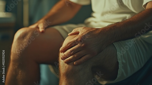 A close-up shot of a person holding their knee in discomfort or pain