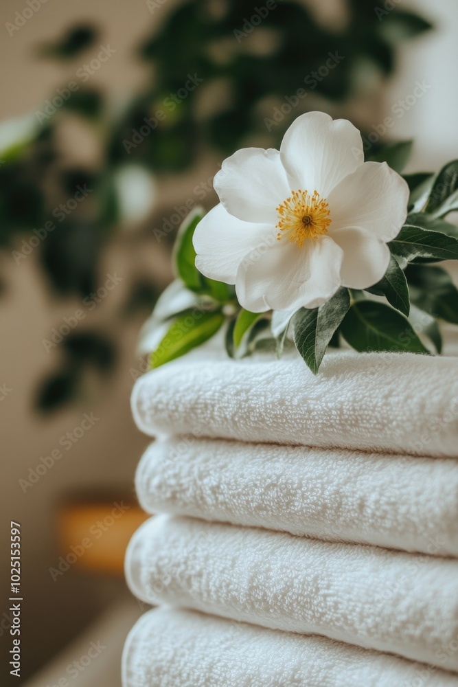 A stack of white towels with a single flower on top, ideal for bathroom or spa settings A stack of white towels with a single flower on top, ideal for bathroom or spa settings