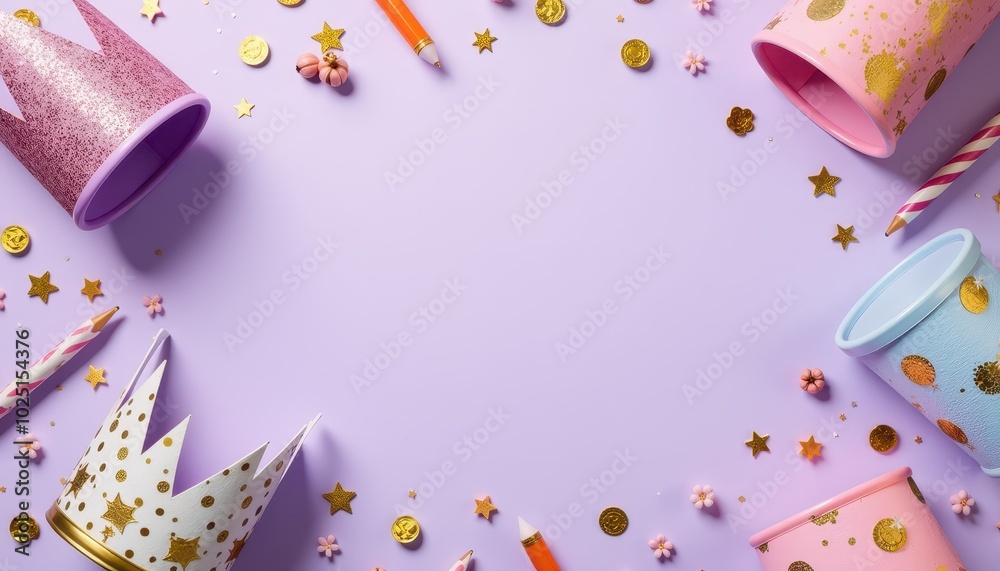 Happy Birthday party crowns and other stuff on Solid light purple color background, Frame for Greeting Posters, Cards, Banners and Invitations with Copy Space Happy Birthday party crowns and other stuff on Solid light purple color background, Frame for Greeting Posters, Cards, Banners and Invitations with Copy Space