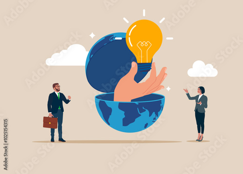 Business people open globe idea using. Creativity to help see business opportunity, vision to discover new solution or idea, curiosity.