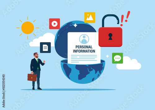 Entrepreneur open globe to see Blocked Account. Online Information Hacking. Hacking and exploit results. Flat vector Illustration.
