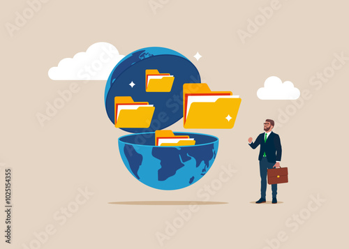 Businessman open globe to see files folder. Arrange online data, paperwork concept, file management. Flat vector illustration