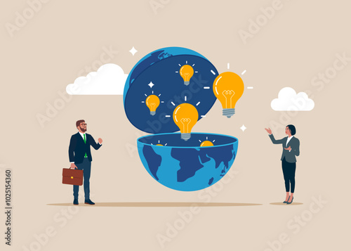 Business people open globe idea using. Think big, aspiration to win and success in business. Flat vector illustration