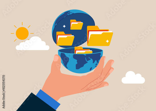 Hand open globe to see files folder. Arrange online data, paperwork concept, file management, organize document files into archive folders.