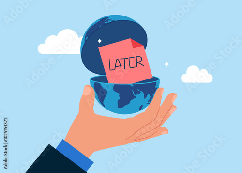 Open globe to see notes written the word later. Delaying work. 24-7 support service, working hours. Flat vector Illustration.