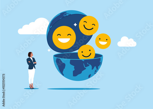 Girl open globe to see smiling face symbol. Happiness, job satisfaction, company benefit, positive attitude. Flat vector illustration.