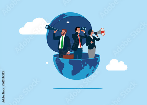 Business people open globe using binoculars looking for future vision. World economic vision for business, work or investment. Flat vector illustration