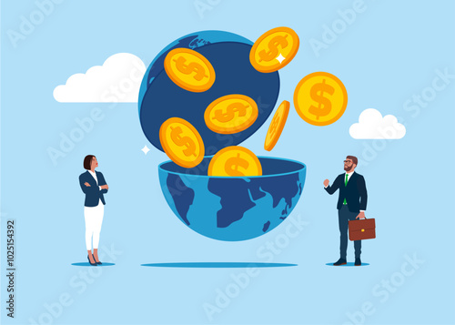 Business people open globe to see Golden Coins. Savings, Collecting Money in Account, Open Bank Deposit. Vector illustration
