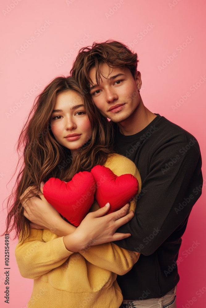 A romantic moment between two people embracing each other with a bright red heart in the center A romantic moment between two people embracing each other with a bright red heart in the center