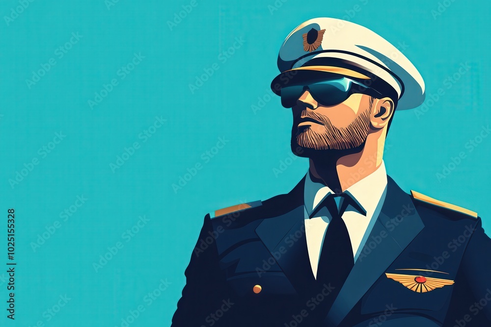 The airline captain stands proudly, sporting a crisp uniform and reflective sunglasses. The minimalist design emphasizes his authority and readiness for a flight, set against a striking background. The airline captain stands proudly, sporting a crisp uniform and reflective sunglasses. The minimalist design emphasizes his authority and readiness for a flight, set against a striking background.