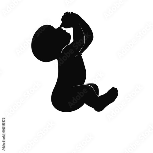 A silhouette of a baby in a top hat kneeling down and holding a fiddling bottle