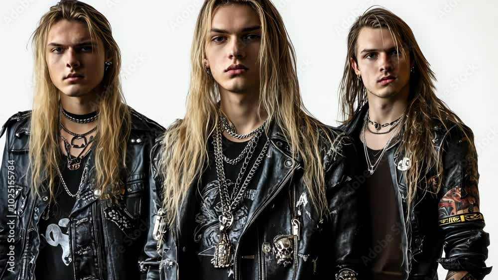 Three young men with long hair are wearing black leather jackets and standing together in front of a white background Three young men with long hair are wearing black leather jackets and standing together in front of a white background