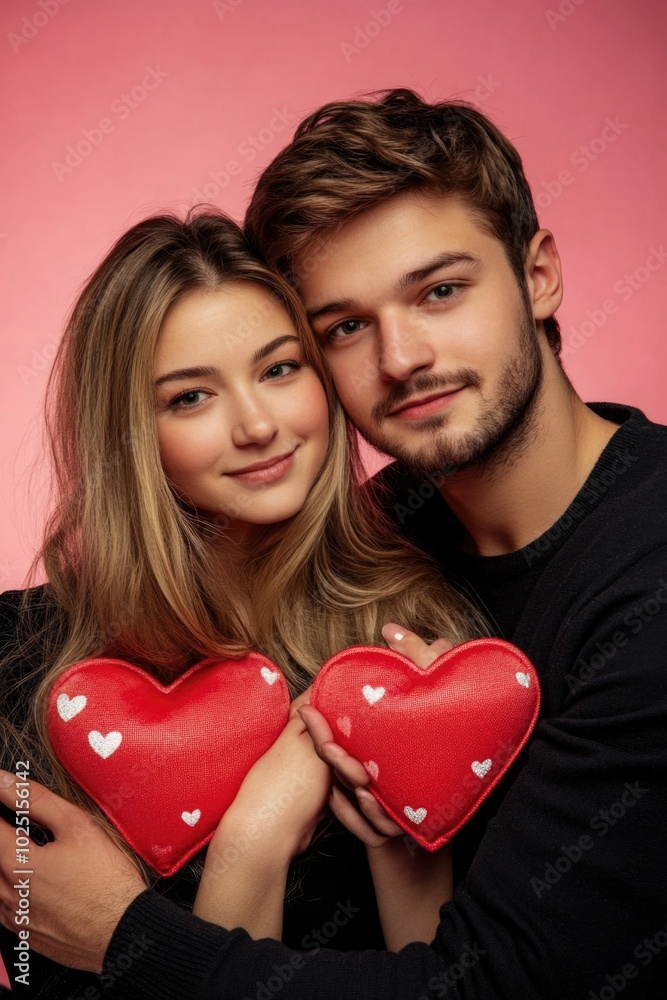 A man and a woman holding a symbol of love, the red heart A man and a woman holding a symbol of love, the red heart