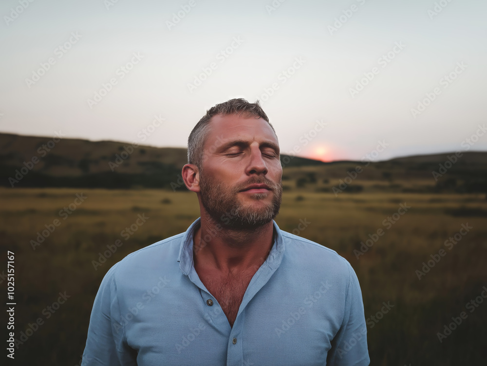 Man meditating outdoors at sunset, finding peace and mindfulness in nature Man meditating outdoors at sunset, finding peace and mindfulness in nature