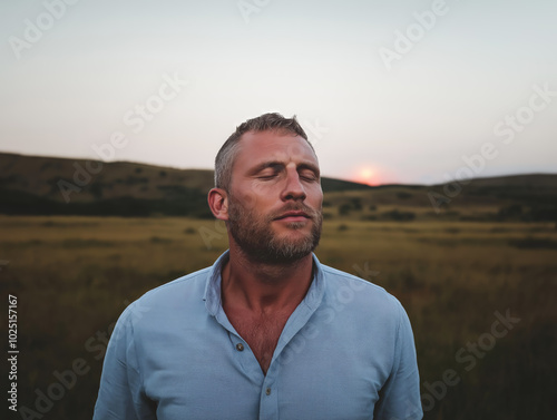 Man meditating outdoors at sunset, finding peace and mindfulness in nature