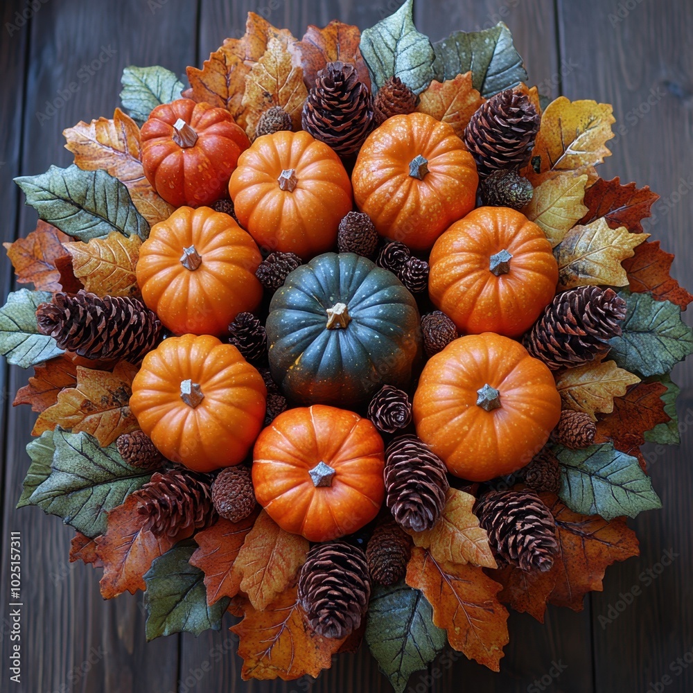 A Thanksgiving-themed candle centerpiece with pumpkins and leaves, shot from an overhead view to show the intricate details of the arrangement. A Thanksgiving-themed candle centerpiece with pumpkins and leaves, shot from an overhead view to show the intricate details of the arrangement.