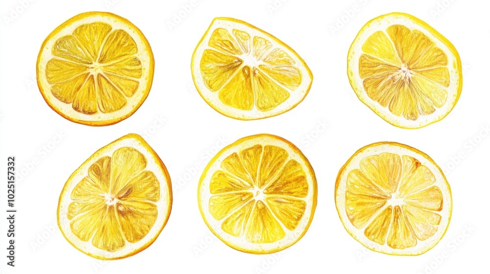 Fresh lemon slices arranged on a clean white surface, perfect for food styling and photography Fresh lemon slices arranged on a clean white surface, perfect for food styling and photography
