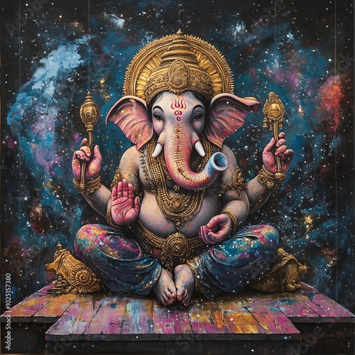 Lord Ganesha in a Cosmic Realm - Vibrant Divine Art