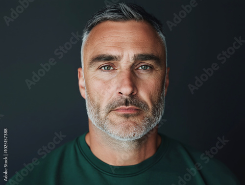 Portrait of a mature man with gray hair and a serious expression, wearing a green sweater