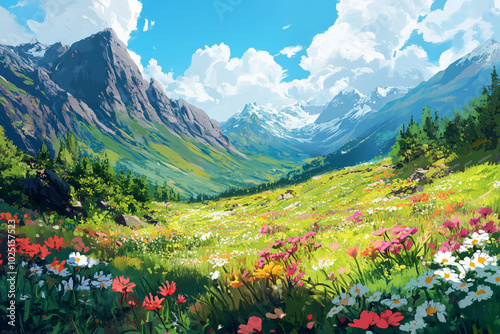 Vibrant spring meadow alive with wildflowers beneath majestic mountain peaks