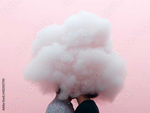 Two people with their heads obscured by clouds, symbolizing surrealism and creativity photo