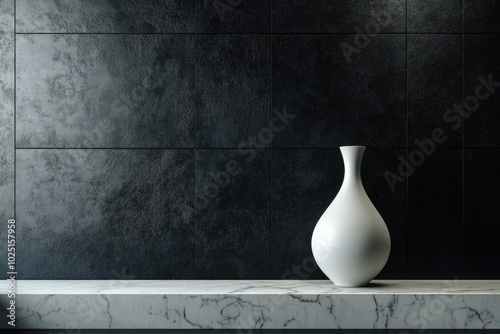 A simple yet elegant white vase sits atop a smooth marble counter