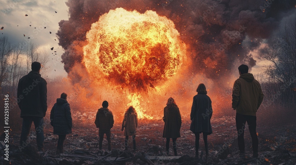 People gathered near explosive incident scene with debris and smoke People gathered near explosive incident scene with debris and smoke