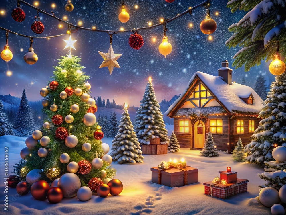 Enchanting Christmas Magic with Twinkling Lights, Festive Ornaments, and Winter Wonderland Scene Enchanting Christmas Magic with Twinkling Lights, Festive Ornaments, and Winter Wonderland Scene