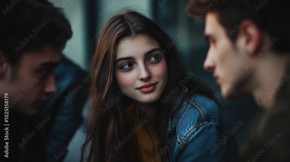 Young couple sitting side by side, possibly sharing a moment Young couple sitting side by side, possibly sharing a moment