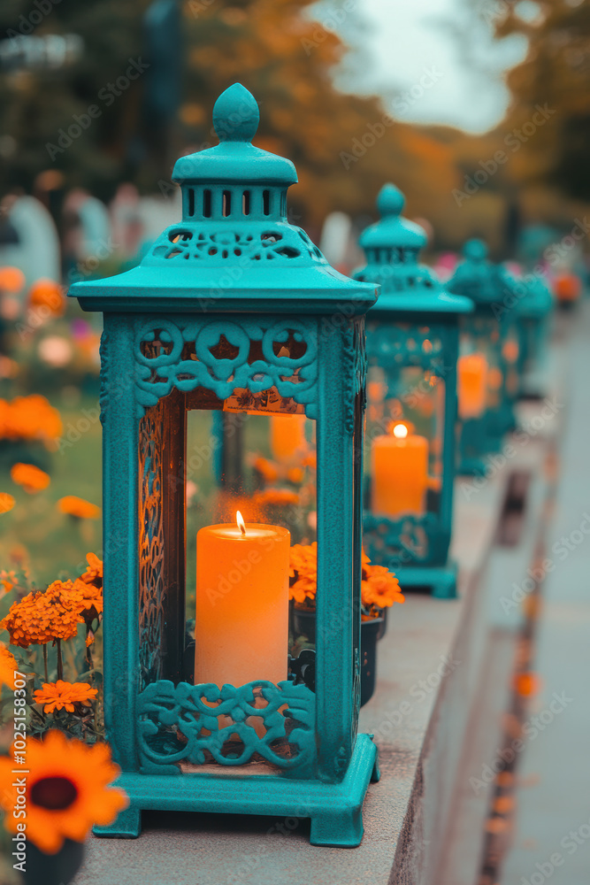 Close-up of candles burning in glass lanterns on graves Close-up of candles burning in glass lanterns on graves