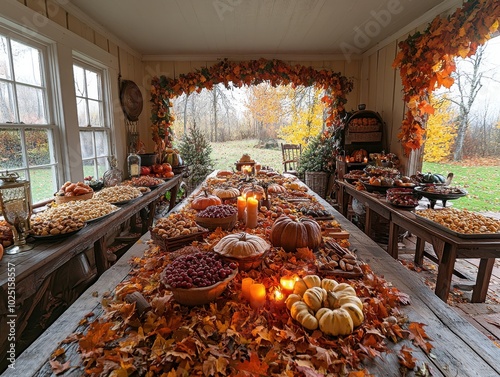 A decorated Thanksgiving table with autumn leaves and candles, shot from a wide angle to capture the full spread and atmosphere. 