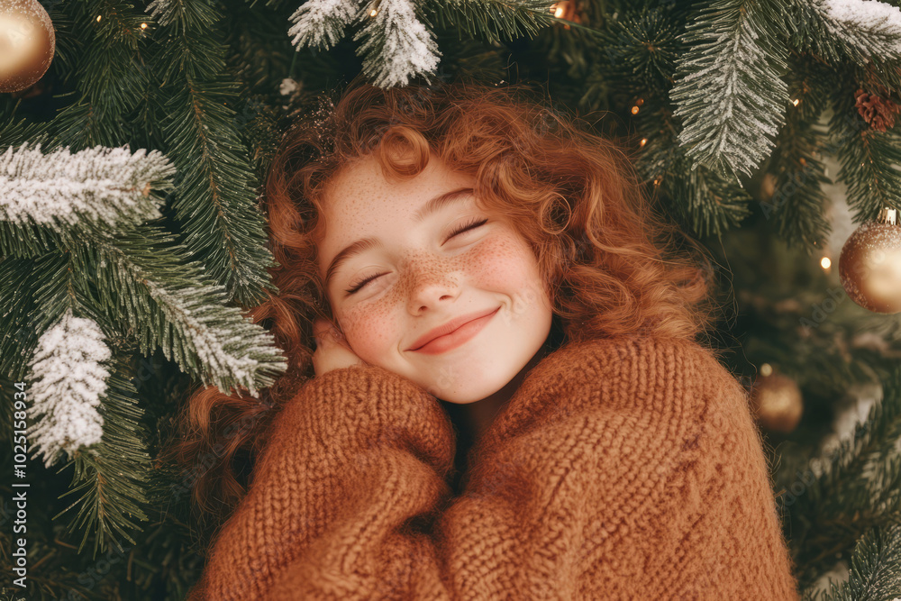 Joyful woman in a cozy sweater smiles among green pine trees