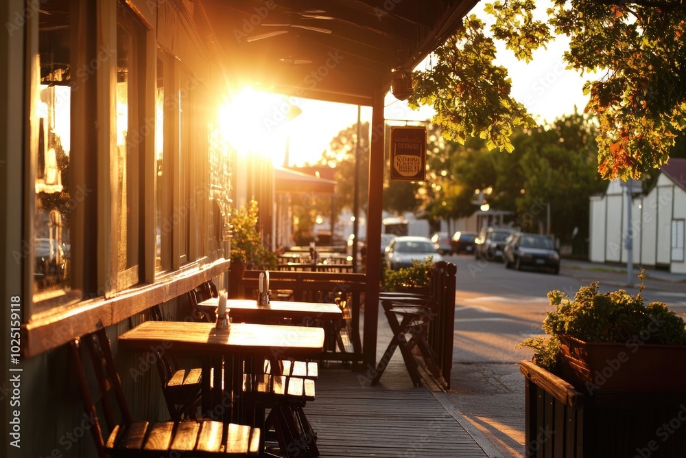 Fototapeta premium A warm sunset scene outside a cozy restaurant, perfect for evening atmosphere and outdoor dining settings