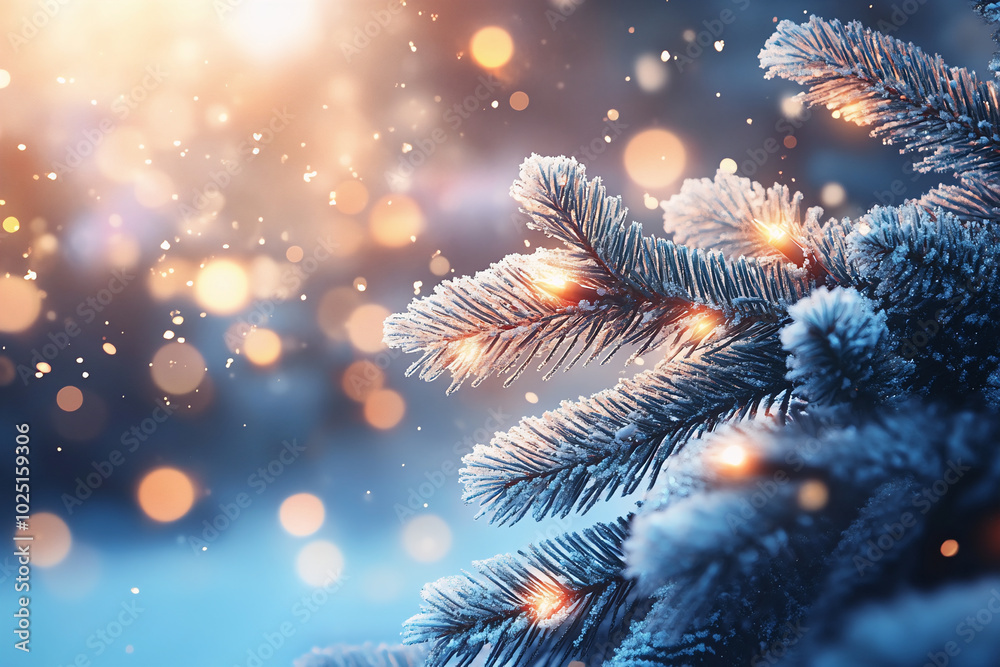 Magical winter, Christmas branches with bokeh on a bright colored background