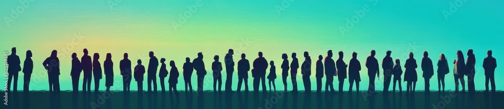 banner of many people standing in line, with a blue and green gradient background, in a silhouette style Generative AI banner of many people standing in line, with a blue and green gradient background, in a silhouette style Generative AI