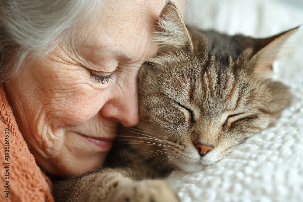 A woman holds a cat close, eyes shut in contentment A woman holds a cat close, eyes shut in contentment