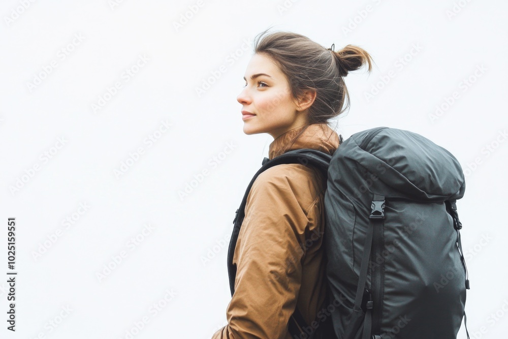 A person stands in front of a white background, holding a backpack and prepared for travel A person stands in front of a white background, holding a backpack and prepared for travel