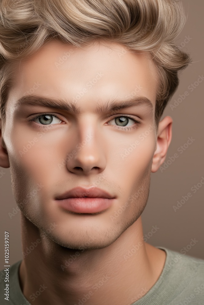 Fototapeta premium A man with a beard and a green shirt. He has a light brown hair and a blue eye