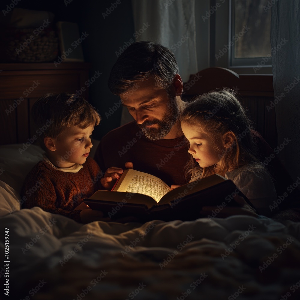 A father or guardian reading to two young kids, promoting literacy and bonding A father or guardian reading to two young kids, promoting literacy and bonding