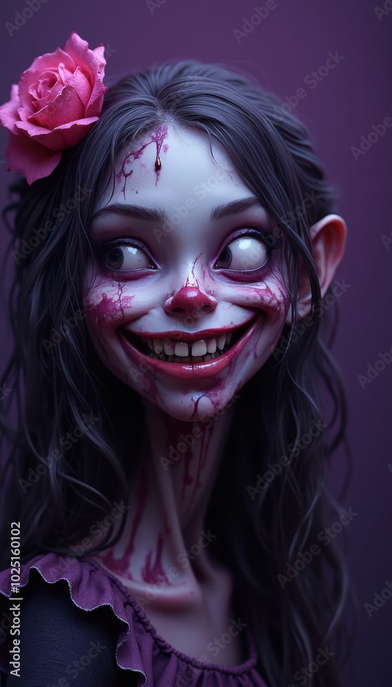 A detailed funny girl zombie head with goofy teeth and a lopsided smile on the right side, set against a one-color, deep purple Halloween theme. A detailed funny girl zombie head with goofy teeth and a lopsided smile on the right side, set against a one-color, deep purple Halloween theme.