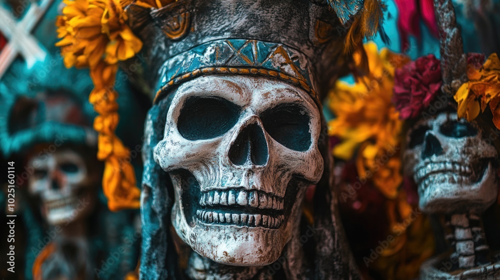 A detailed view of a skull adorned with a decorative headdress, perfect for Halloween or spooky-themed designs
